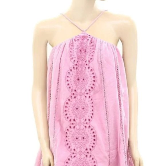 Free People Paloma Mini Dress Eyelet Embroidered Pink Halter Swing S NWT - Picture 4 of 5